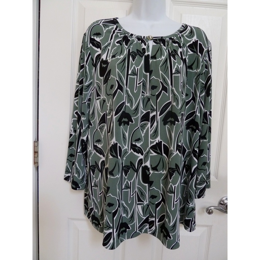Liz Claiborne Women 0X Green Floral Career Office Blouse Pullover 3/4 Sleeve